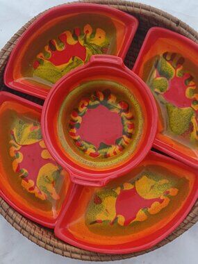California Pottery dipping bowls with straw basket